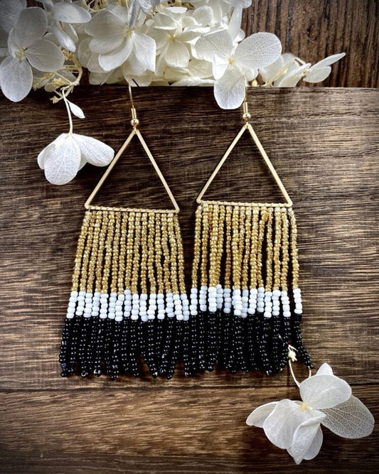 Black and Gold Beaded Boho Earrings - Handmade Jewelry,  NOLA Saints, Beaded Earrings, Handmade Earrings, New Orleans Saints Earrings