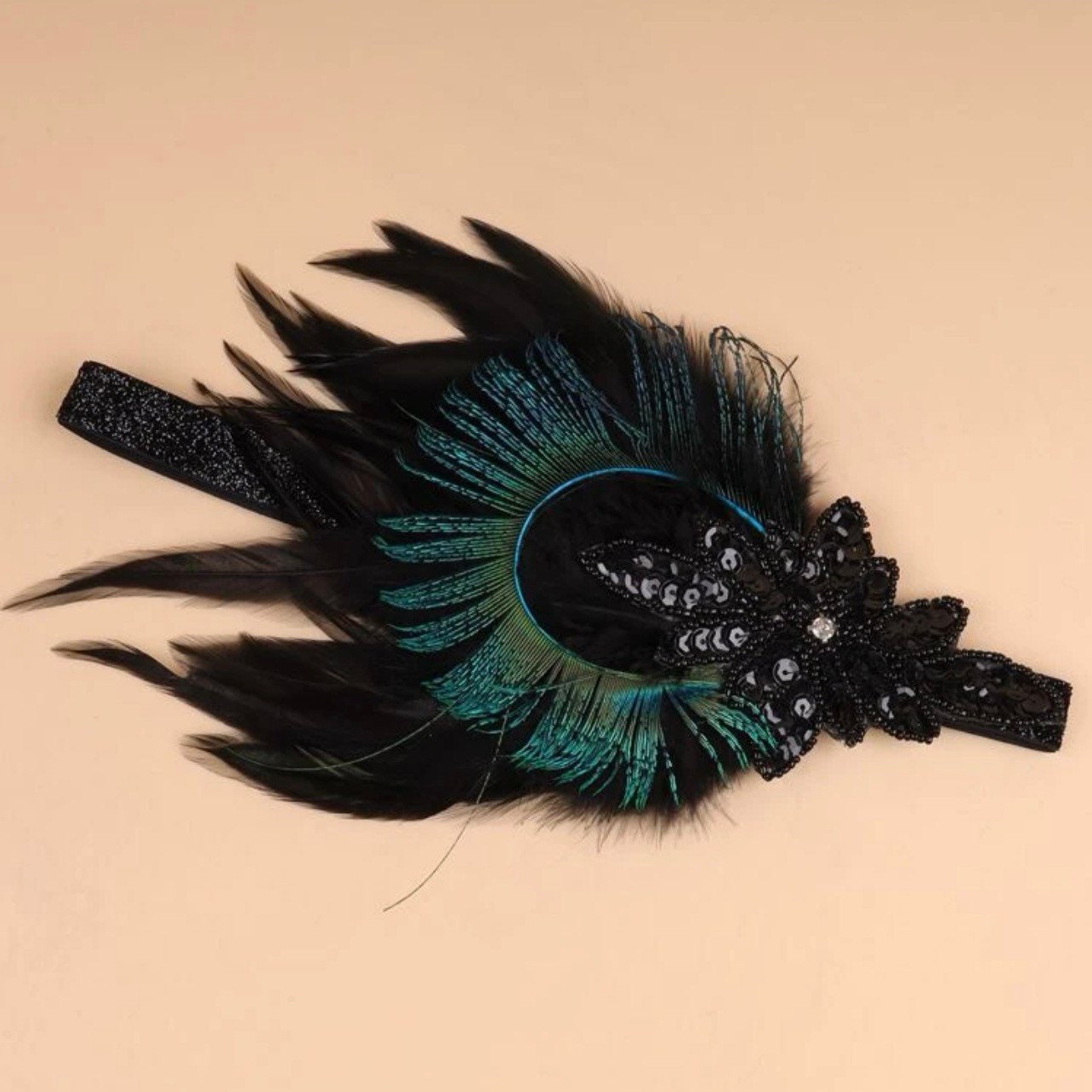 Peacock Feather and Sequin Headband - Halloween Headpiece, Halloween Costume, Feather Headpiece, Flapper Headband