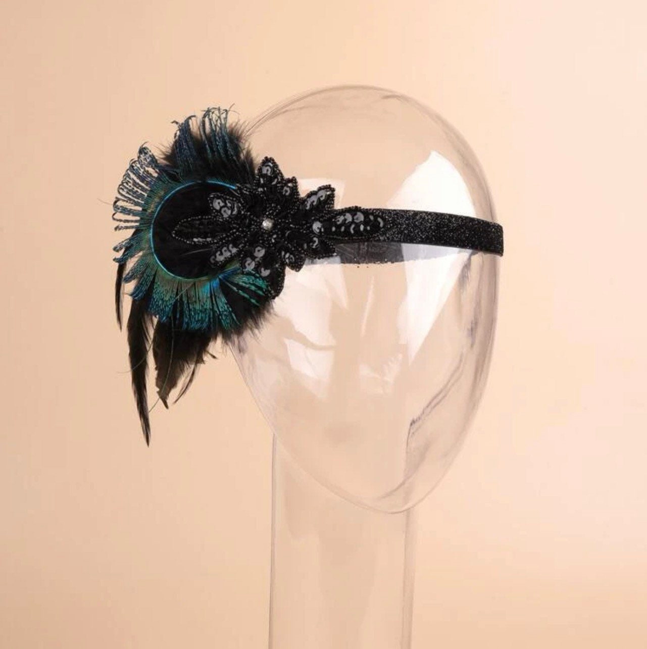 Peacock Feather and Sequin Headband - Halloween Headpiece, Halloween Costume, Feather Headpiece, Flapper Headband