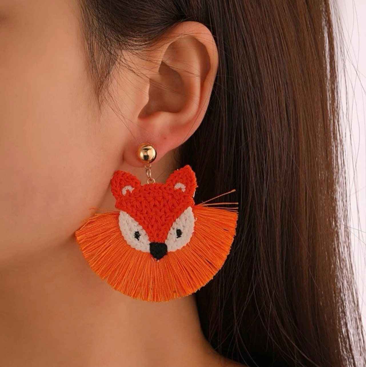 Charming Fox Dangle Earrings – Adorable Crocheted Animal Jewelry