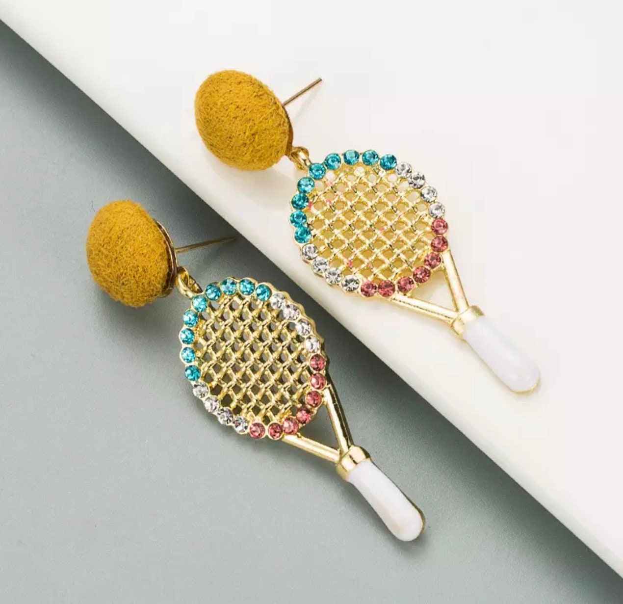 Sparkle on the Court with Our Rhinestone Tennis Racket Dangle Earrings! 🎾
