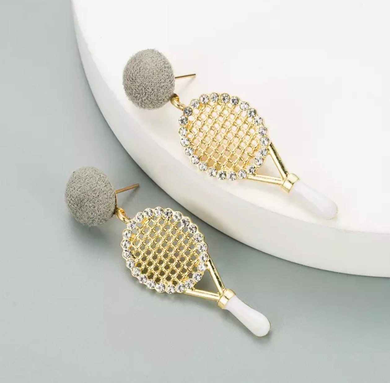 Sparkle on the Court with Our Rhinestone Tennis Racket Dangle Earrings! 🎾
