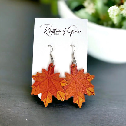 Autumn Maple Leaf Earrings - Fall, Handmade Jewelry, Gold Leaf, Halloween, Orange, Faux Pearls, Handmade Earrings, Leaf Accessories