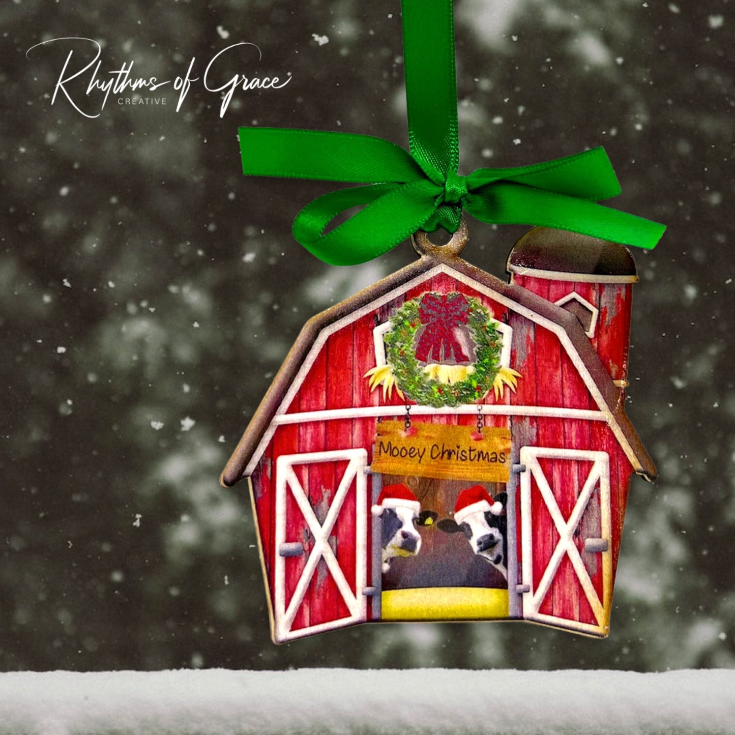 Red Barn Ornament - Farm Ornament, Christmas Ornament, Holiday Ornament, Farmer Gift, Mooey Christmas, Red Barn, Cow Ornament, Sublimation - Rhythms of Grace Creative