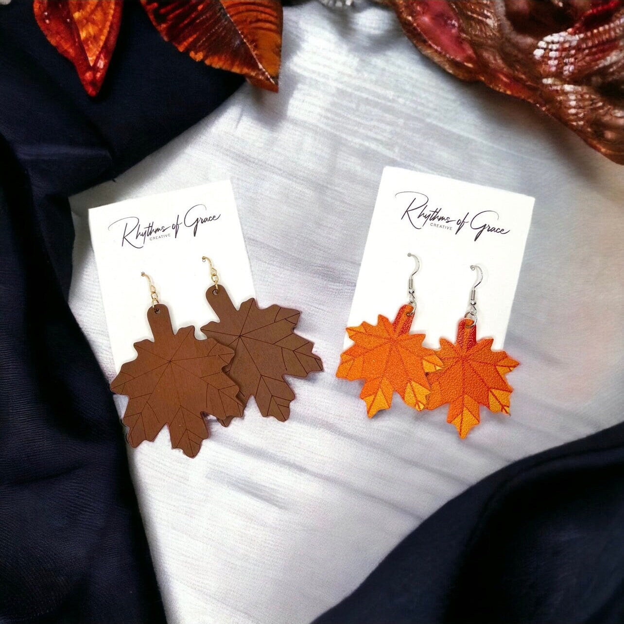 Autumn Maple Leaf Earrings - Fall, Handmade Jewelry, Gold Leaf, Halloween, Orange, Faux Pearls, Handmade Earrings, Leaf Accessories