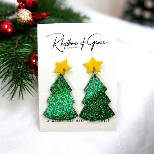 Christmas Tree Earrings - Christmas Earrings, Rhinestone Christmas, Christmas Jewelry, Christmas Jewelry, Handmade Earrings, Glitter Trees
