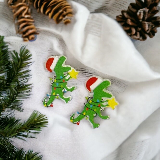 Christmas Dinosaur Earrings – Festive Dino Studs for the Holidays! 🎄🦖 - Rhythms of Grace Creative