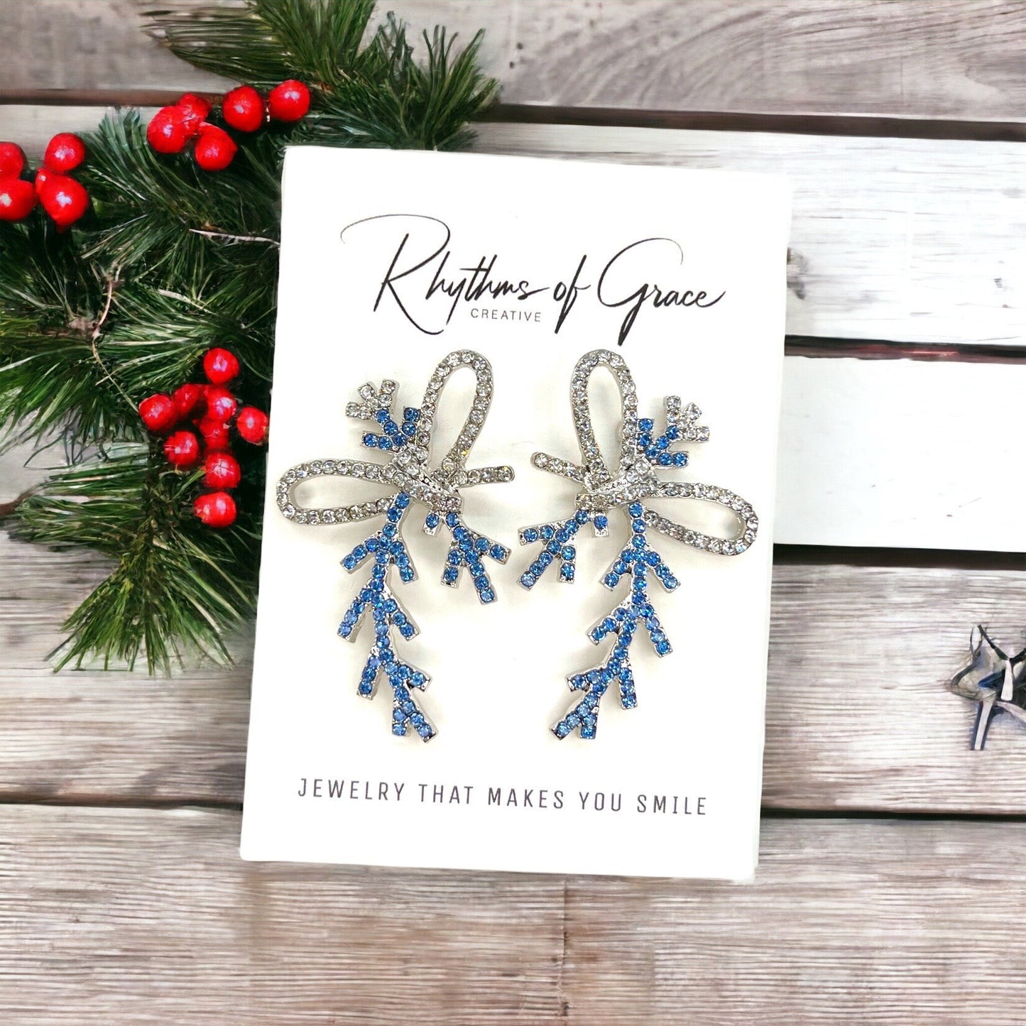 Frozen Earrings, Christmas Bow, Christmas Earrings, Christmas Jewelry, Christmas Rhinestones, Handmade Earrings, Bow Accessories - Rhythms of Grace Creative
