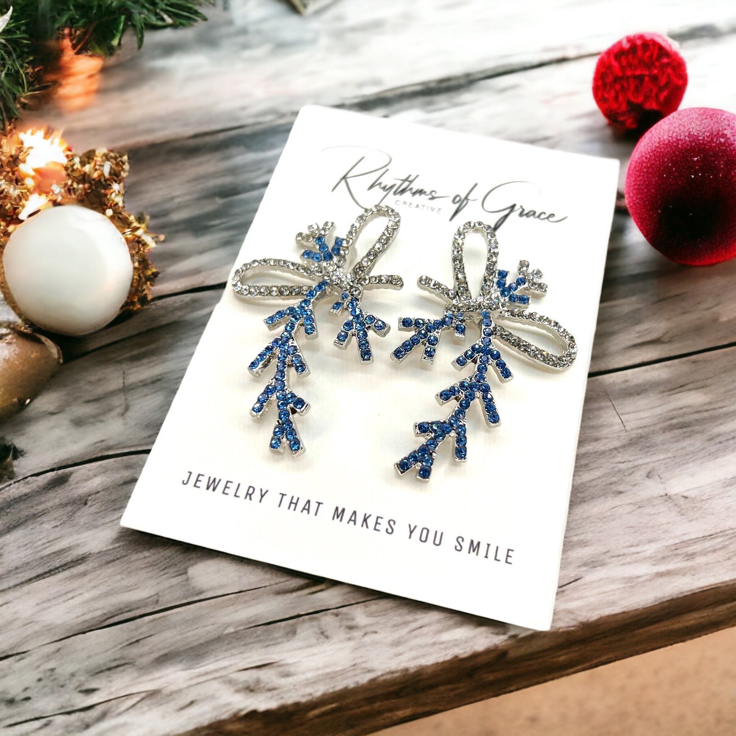 Frozen Earrings, Christmas Bow, Christmas Earrings, Christmas Jewelry, Christmas Rhinestones, Handmade Earrings, Bow Accessories - Rhythms of Grace Creative