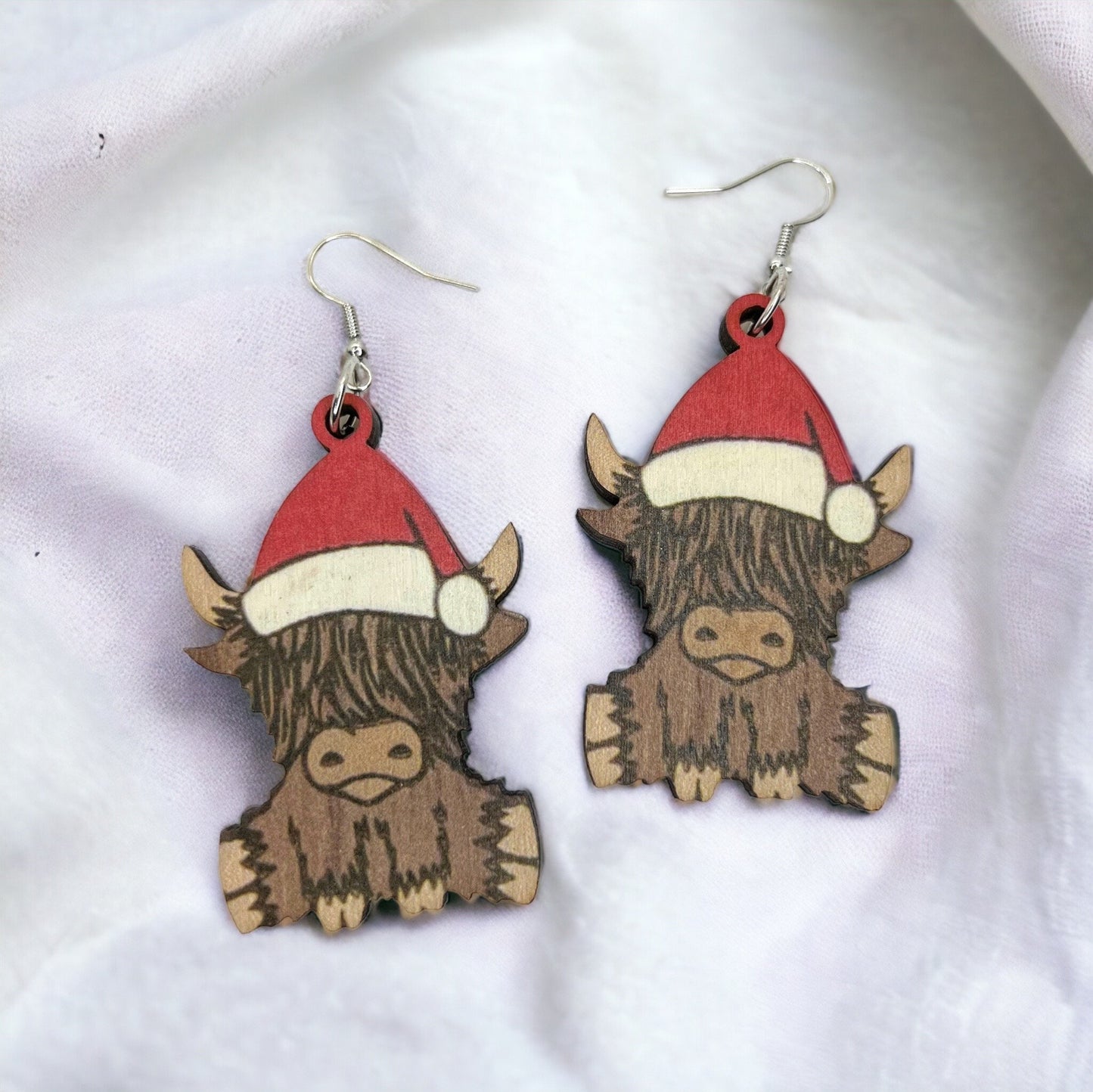 Christmas Highland Cow Earrings, Christmas Earrings, Christmas Jewelry, Avocado Jewelry, Handmade Earrings, Santa Claus, Santa Hat, Cow - Rhythms of Grace Creative