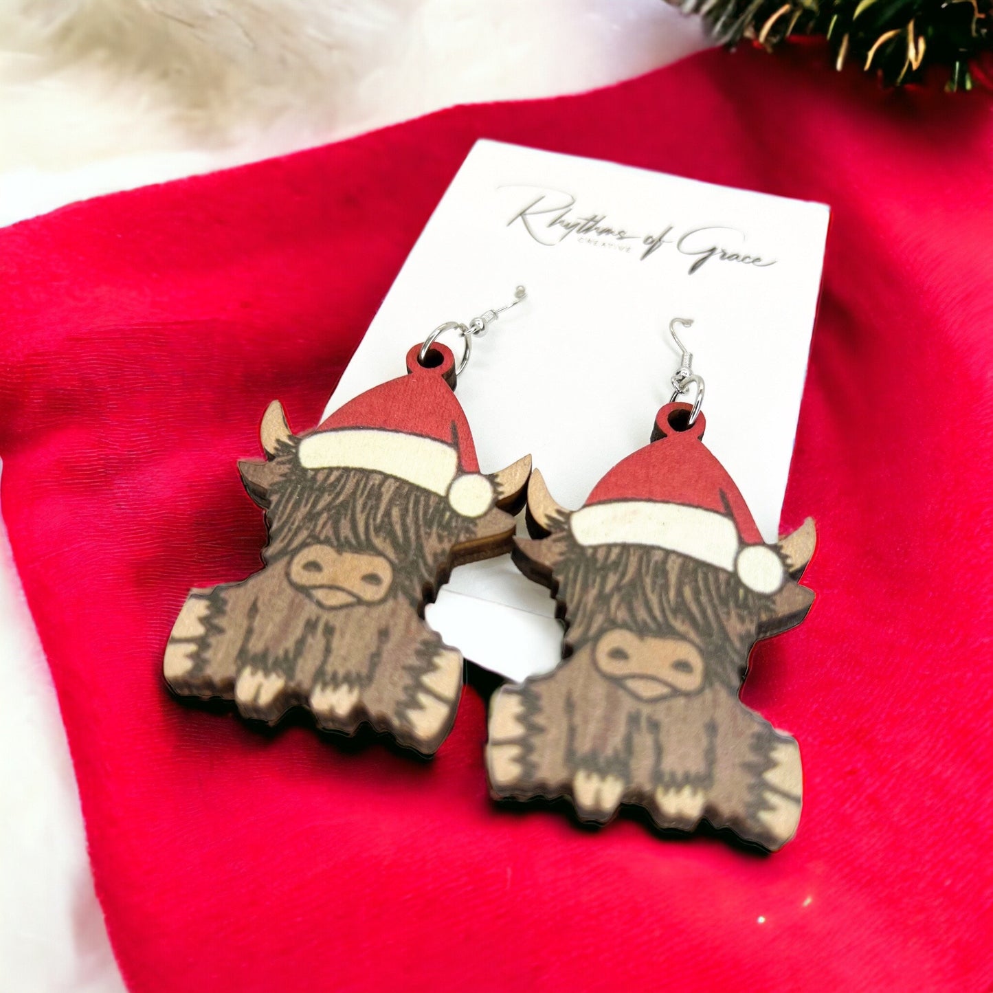 Christmas Highland Cow Earrings, Christmas Earrings, Christmas Jewelry, Avocado Jewelry, Handmade Earrings, Santa Claus, Santa Hat, Cow - Rhythms of Grace Creative