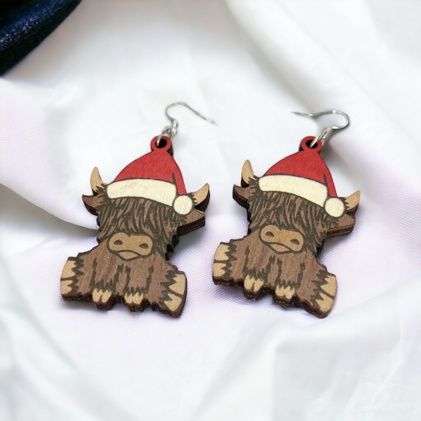 Christmas Highland Cow Earrings, Christmas Earrings, Christmas Jewelry, Avocado Jewelry, Handmade Earrings, Santa Claus, Santa Hat, Cow - Rhythms of Grace Creative
