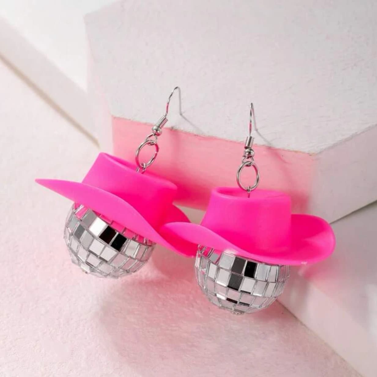 Bachelorette Disco Ball Earrings - Hot Pink, Cowgirl Hat, Ball Drop, Disco Ball, Bachelorette Party, New Year&#39;s Eve, NYE Earrings, Disco Par