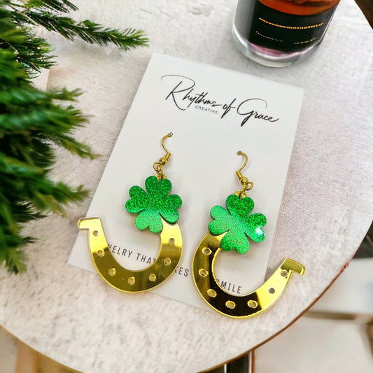 Golden Horseshoe Earrings - Lucky Charm, Clover Earrings, Saint Patrick&#39;s Day, Gold Earrings, Lucky Earrings, St. Patrick&#39;s Day