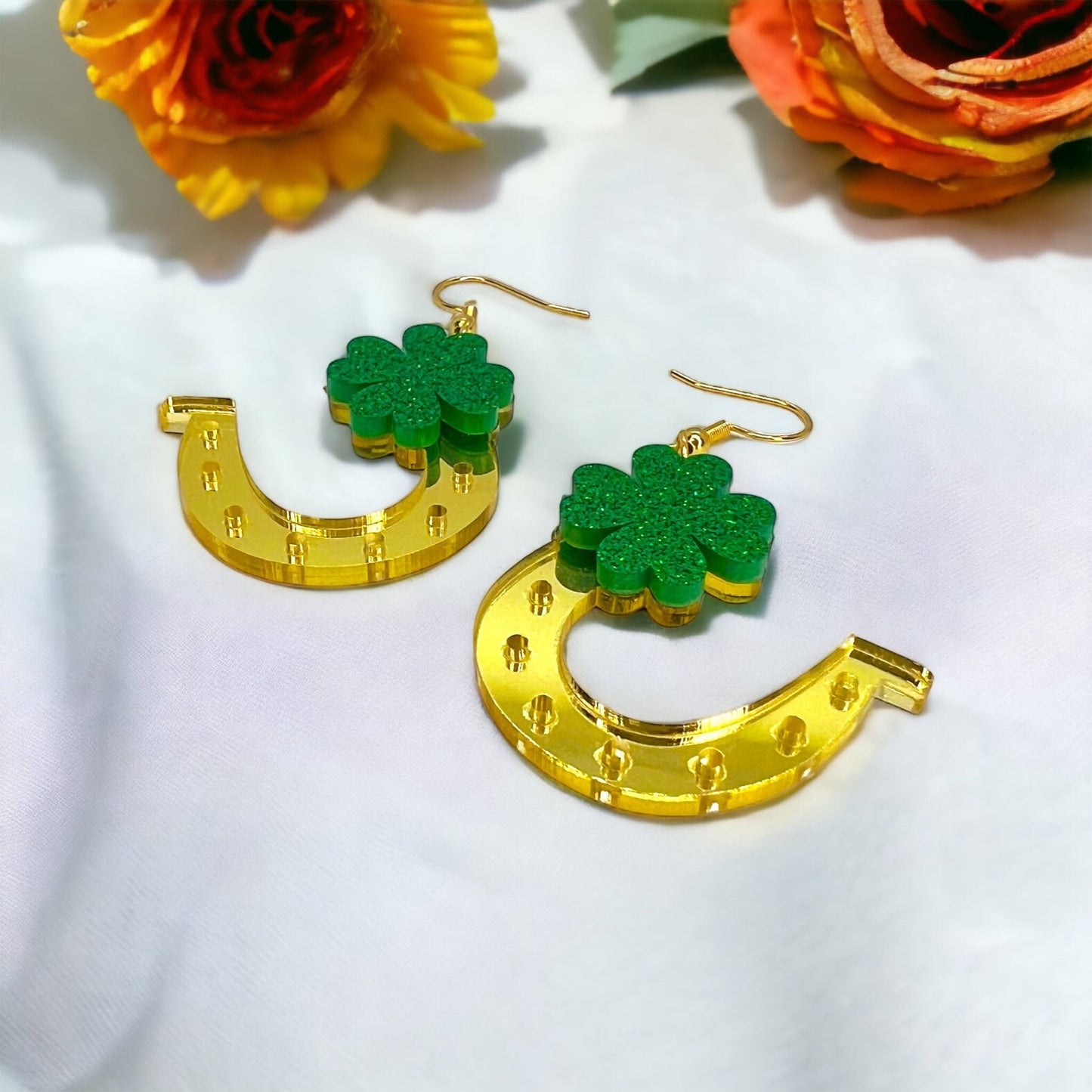 Golden Horseshoe Earrings - Lucky Charm, Clover Earrings, Saint Patrick&#39;s Day, Gold Earrings, Lucky Earrings, St. Patrick&#39;s Day