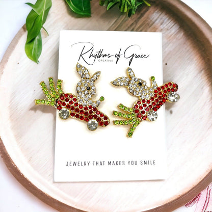 Rhinestone Rabbit Earrings - Easter Bunny, Carrot Earrings, Rabbit Accessories