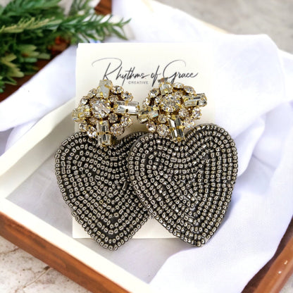 Beaded Heart Earrings - Rhinestone Earrings, Boho Earrings, Bohemian Style, Kentucky Derby, Rose Earrings, Handmade Jewelry, Anniversary Gif