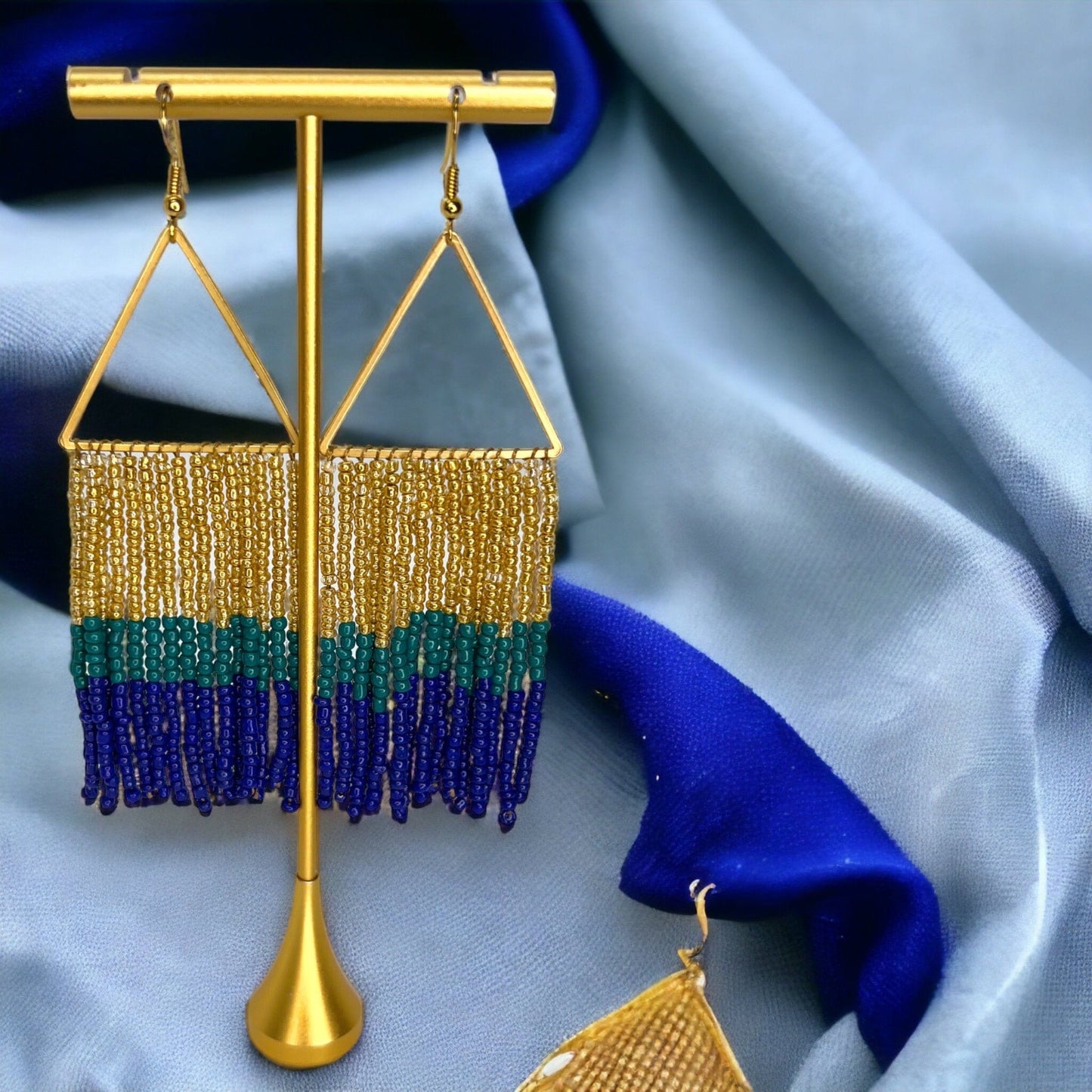 Boho Bliss: Dazzling Blue, Green & Gold Beaded Dangle Earrings - Rhythms of Grace Creative