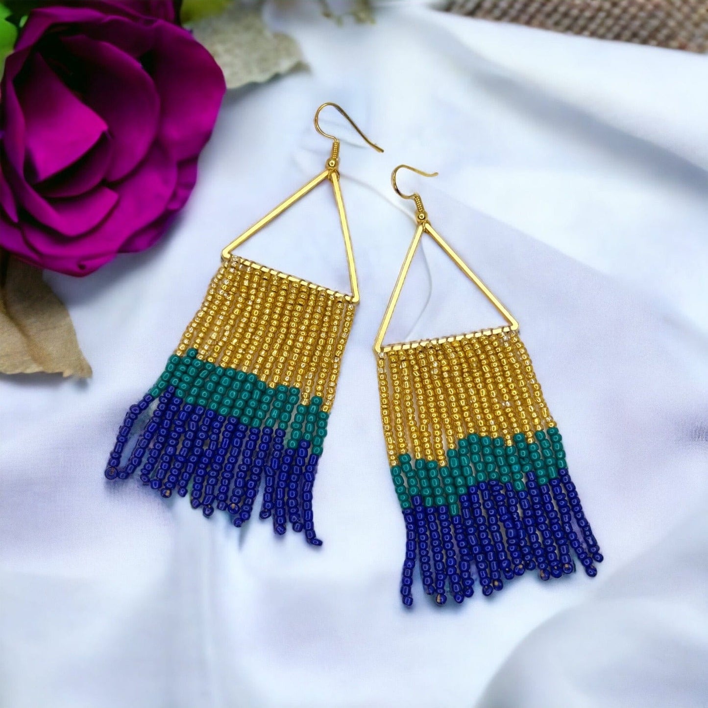 Boho Bliss: Dazzling Blue, Green & Gold Beaded Dangle Earrings - Rhythms of Grace Creative