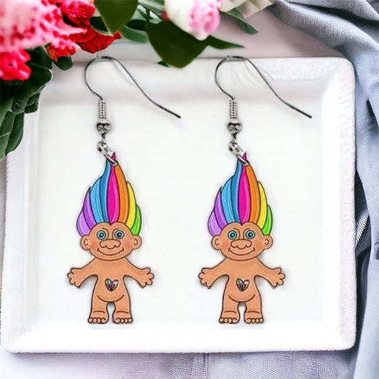 Troll Doll Earrings - Troll Earrings, Lucky Troll, Rainbow Troll, Handmade Earrings, Funny Gift