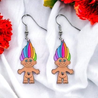 Troll Doll Earrings - Troll Earrings, Lucky Troll, Rainbow Troll, Handmade Earrings, Funny Gift