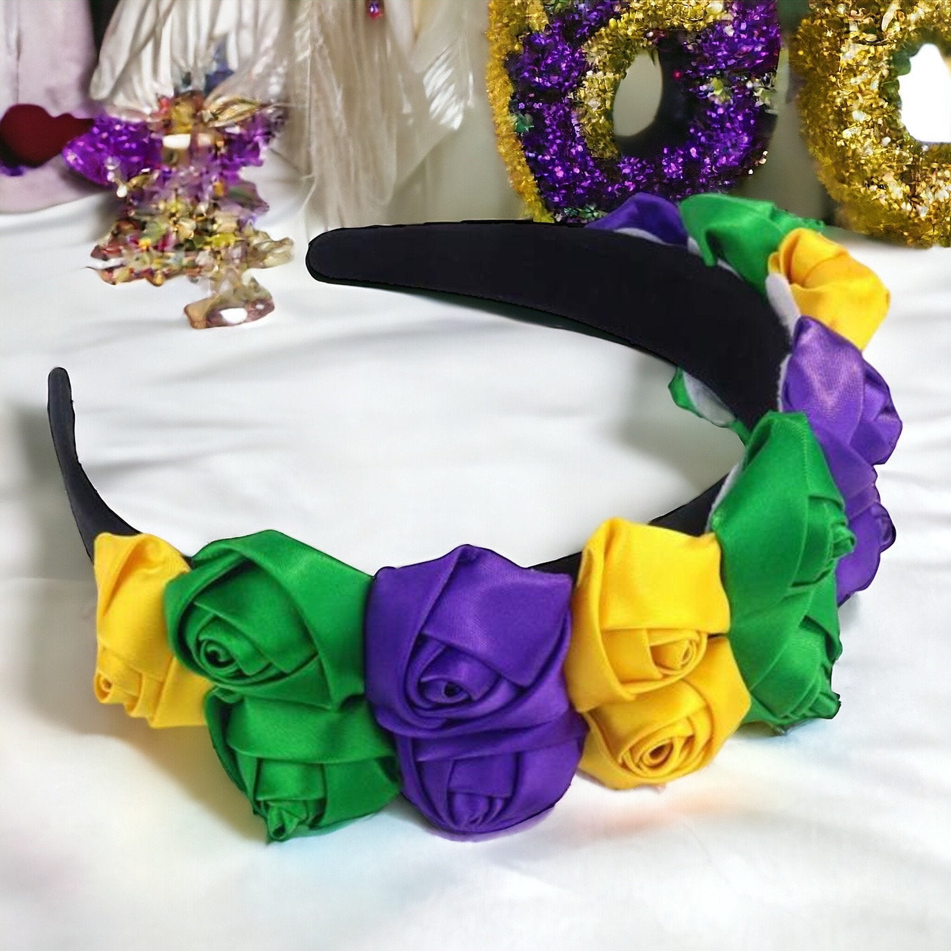 Flaunt Your Festive Flair: Mardi Gras Rose Headband - Rhythms of Grace Creative