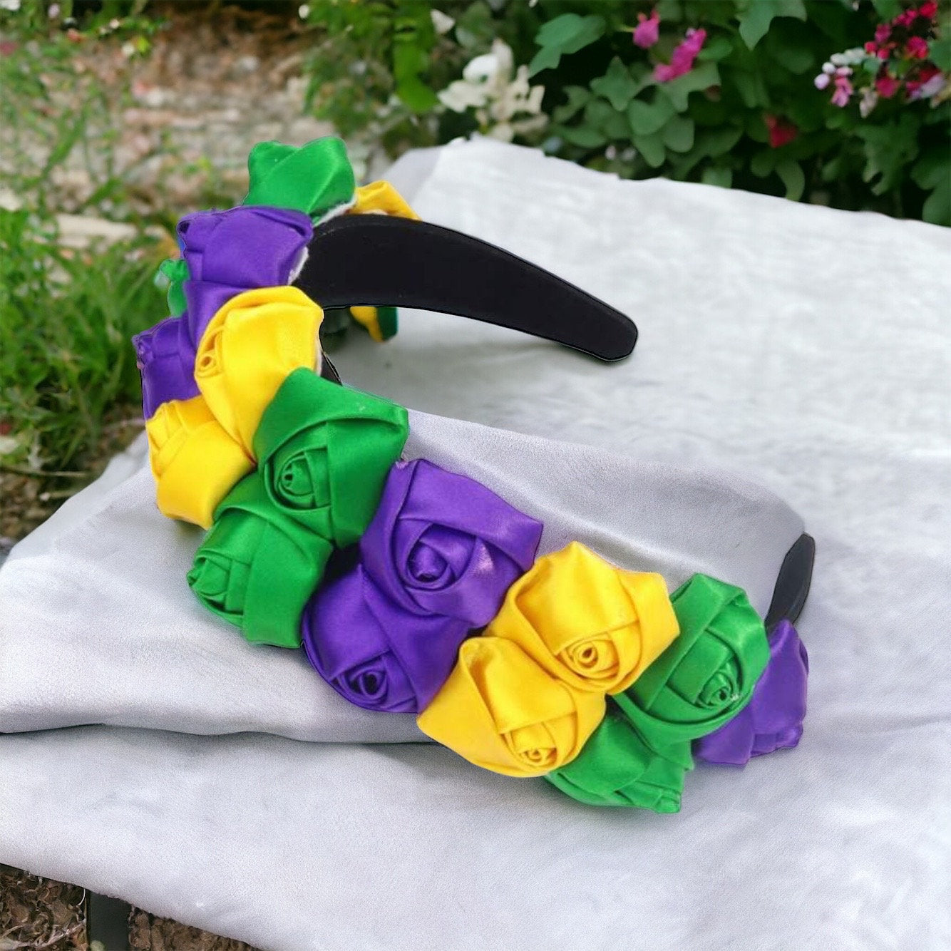 Flaunt Your Festive Flair: Mardi Gras Rose Headband - Rhythms of Grace Creative