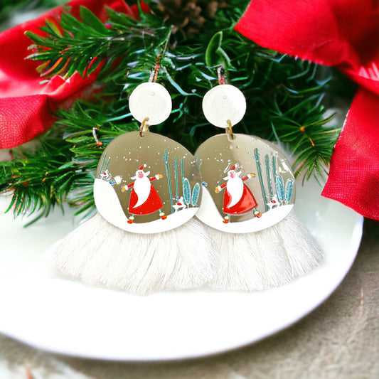 Festive Snowglobe Earrings - Santa Claus Christmas Drop Earrings with Fringe | Holiday Jewelry Gift - Rhythms of Grace Creative