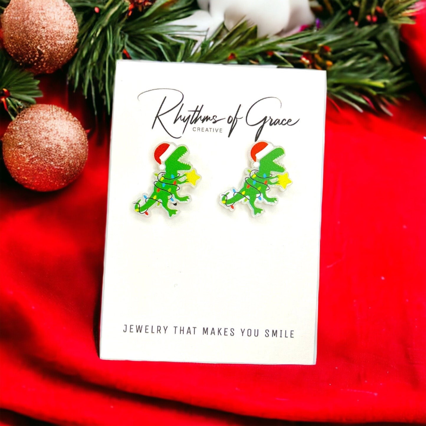 Christmas Dinosaur Earrings – Festive Dino Studs for the Holidays! 🎄🦖 - Rhythms of Grace Creative