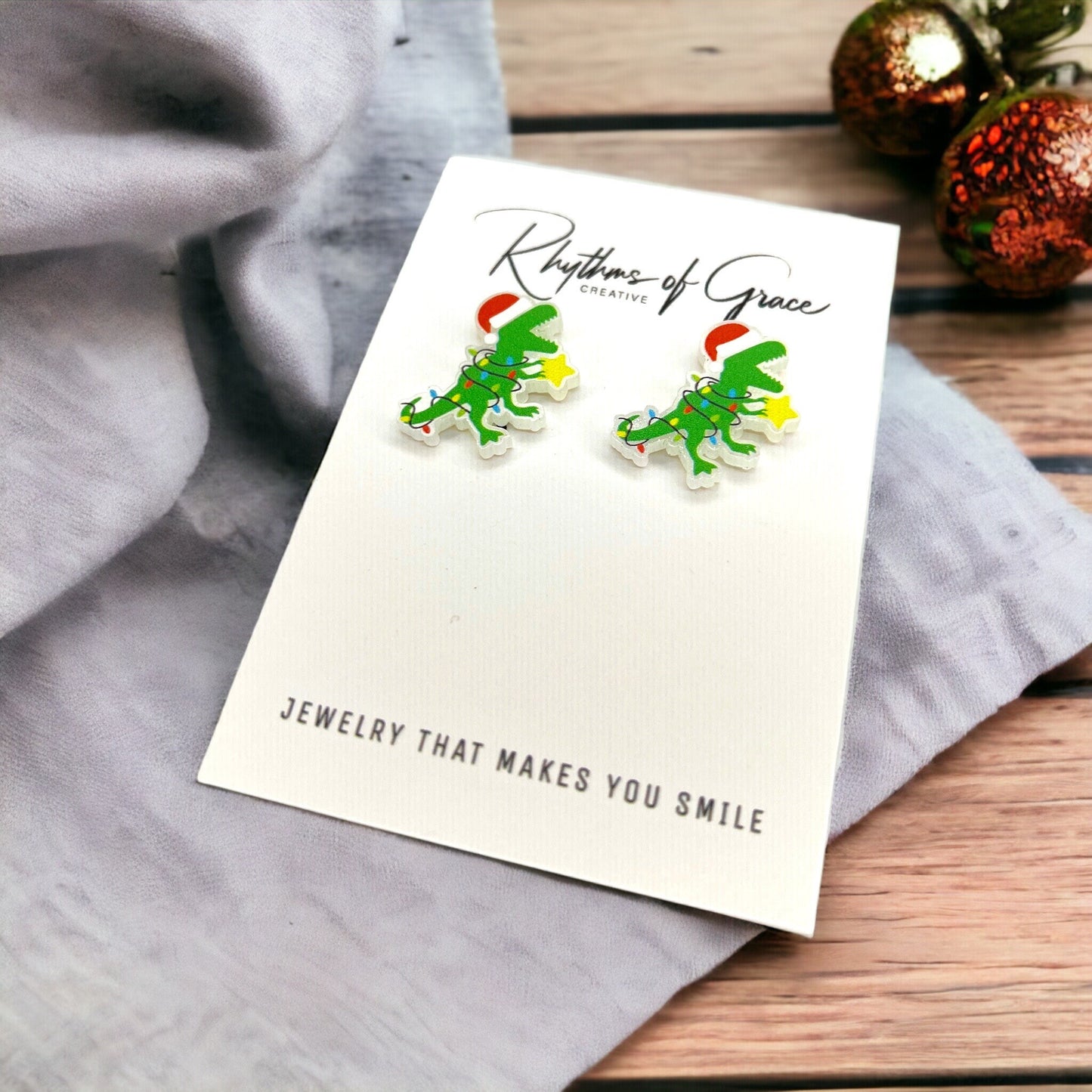 Christmas Dinosaur Earrings – Festive Dino Studs for the Holidays! 🎄🦖 - Rhythms of Grace Creative