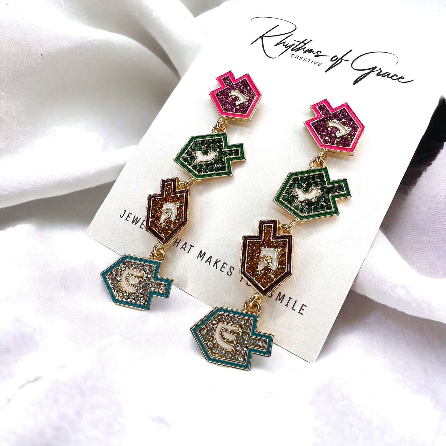 Spin & Sparkle: Rhinestone Dreidel Hanukkah Earrings – Festive Holiday Glam! - Rhythms of Grace Creative