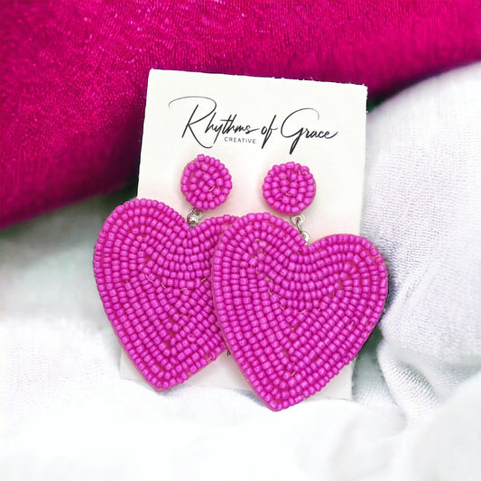 Beaded Heart Earrings - Happy Valentine’s Day, Pink Heart, Heart Earrings, Valentine’s Earrings, Valentine Gift, Love Earrings, Hot Pink