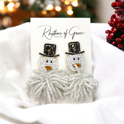 Snowman Earrings - Beaded Christmas Earrings, Beaded Earrings, Christmas Jewelry, Handmade Earrings, Frosty the Snowman, Snowman Accessories