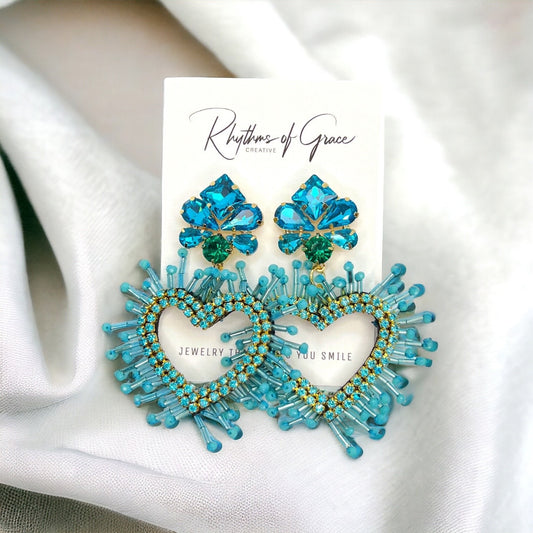 Beaded Heart Earrings, Blue Earrings, Valentine’s Earrings, Love Earrings, Heart Accessories, Easter Earrings, Beaded Earrings, Blue Beads