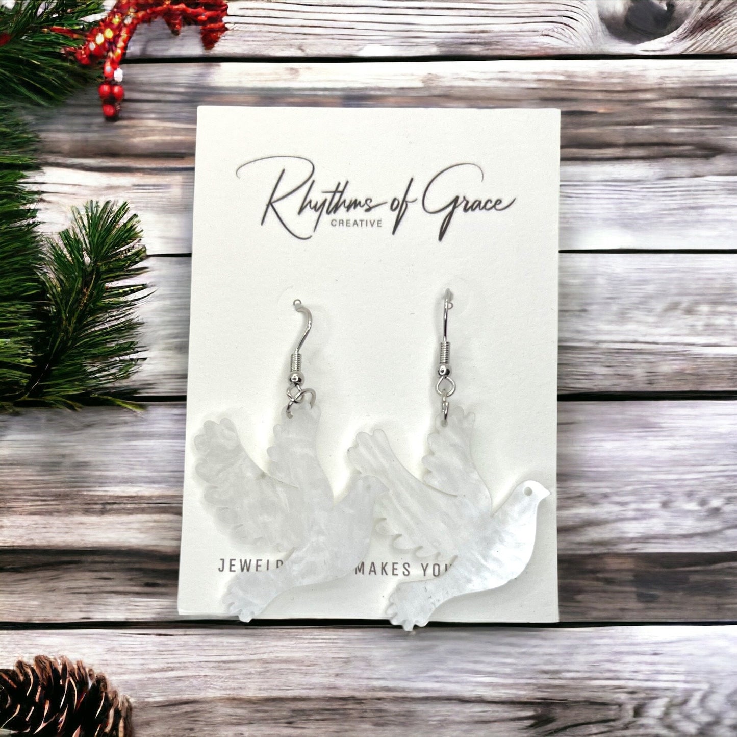 Dove Earrings - Christmas Earrings, White Dove Earrings, Christmas Jewelry, Dove Jewelry, Handmade Earrings, Bird Earrings, Christian - Rhythms of Grace Creative