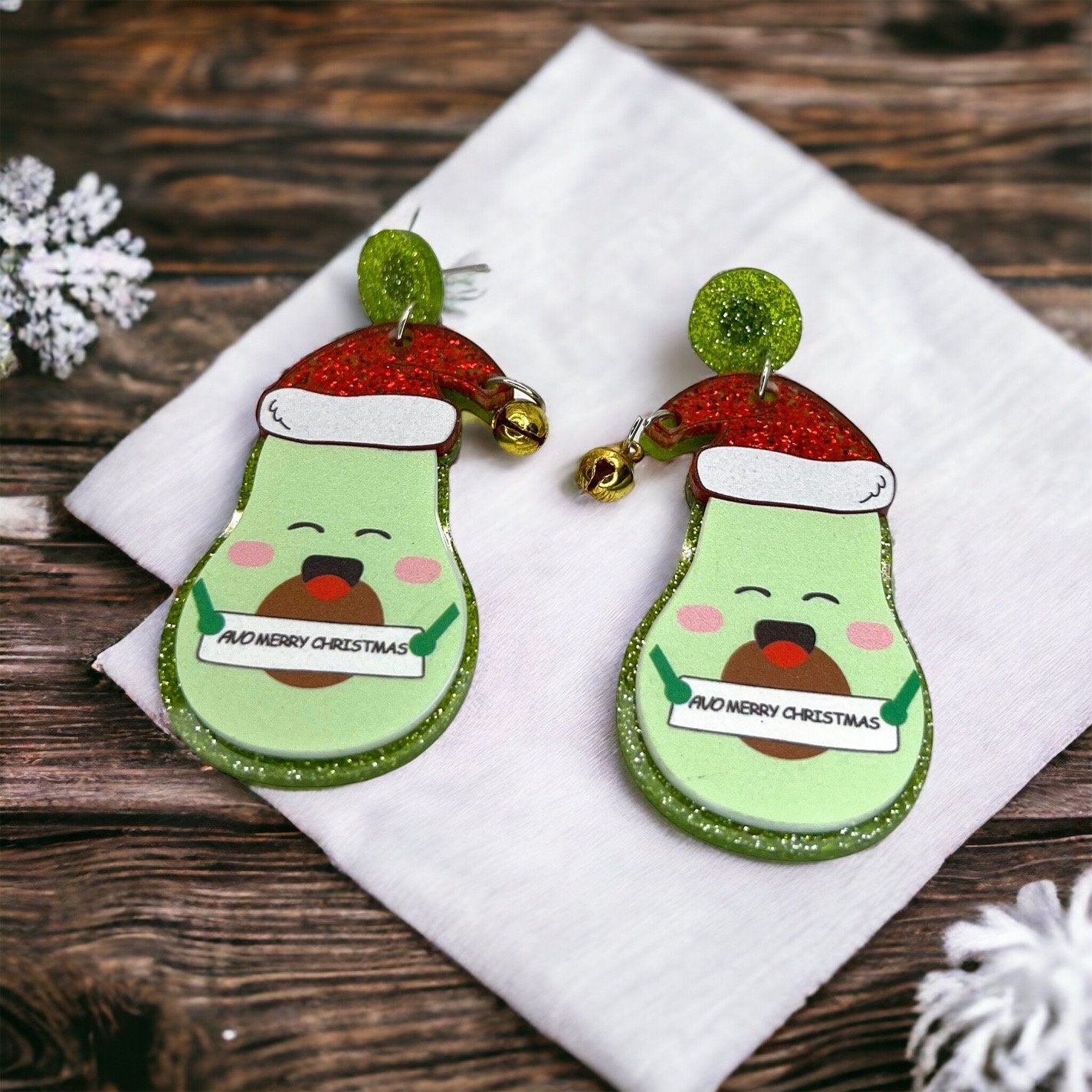Avocado Earrings, Christmas Earrings, Taco Tuesday, Christmas Jewelry, Avocado Jewelry, Handmade Earrings, Santa Claus, Santa Hat, Guacamole