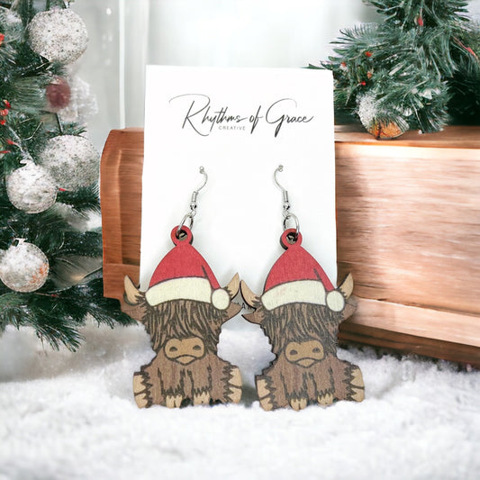 Christmas Highland Cow Earrings, Christmas Earrings, Christmas Jewelry, Avocado Jewelry, Handmade Earrings, Santa Claus, Santa Hat, Cow - Rhythms of Grace Creative