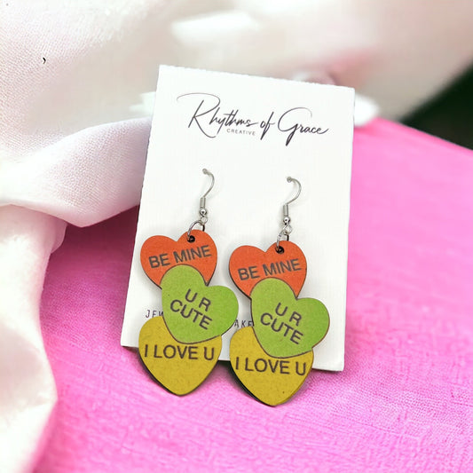Conversation Heart Earrings, Pink Earrings, Valentine’s Earrings, Love Earrings, Heart Accessories, Happy Valentine’s Day, Colorful Hearts