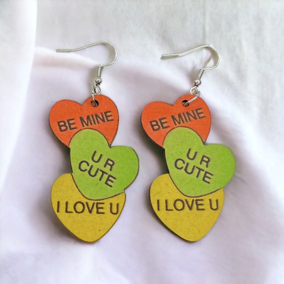 Conversation Heart Earrings, Pink Earrings, Valentine’s Earrings, Love Earrings, Heart Accessories, Happy Valentine’s Day, Colorful Hearts