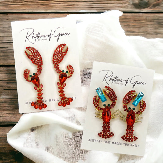 Rhinestone Crawfish Earrings - Rhinestone Earrings, Mardi Gras, New Orleans, Lobster Earrings, Mardi Gras Accessories, Cajun Earrings