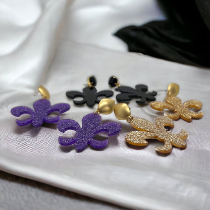 Fleur de lis Earrings - Purple and Gold, Black and Gold, Who Dat, New Orleans Saints, NOLA Saints, Louisiana Earrings