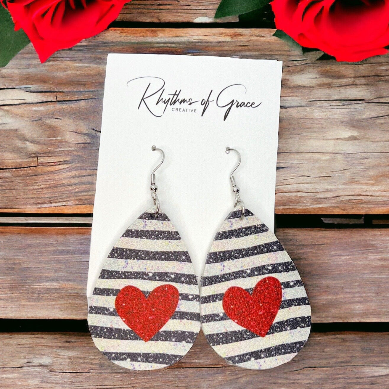 Stripe Me Sweet – Red Heart Teardrop Earrings with Bold Black & White Stripes - Rhythms of Grace Creative