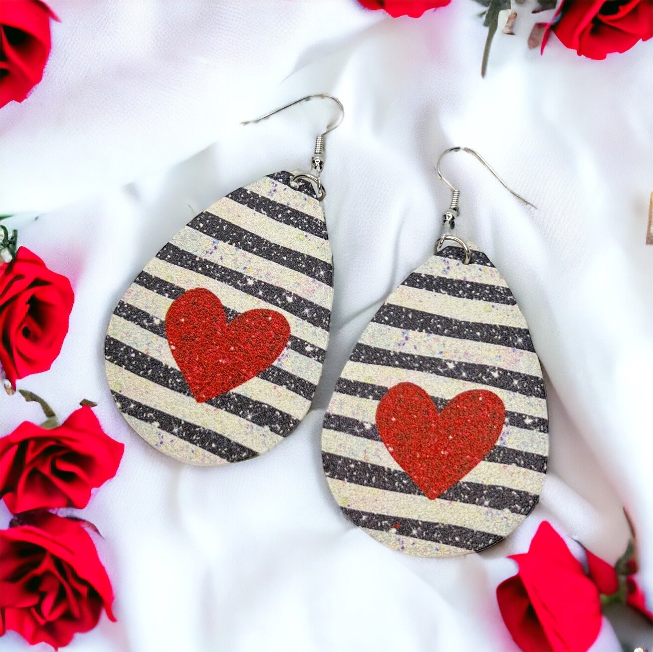 Stripe Me Sweet – Red Heart Teardrop Earrings with Bold Black & White Stripes - Rhythms of Grace Creative