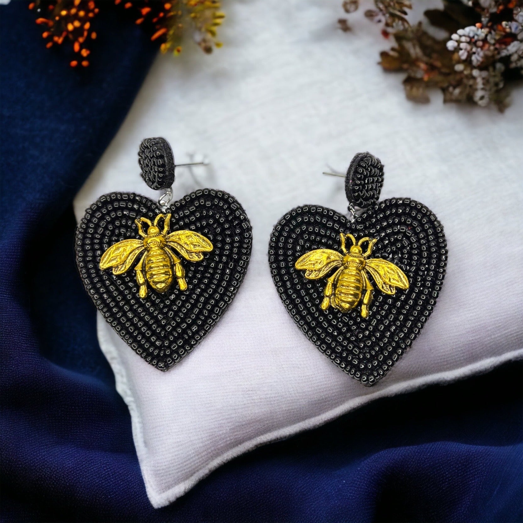 Rhinestone Bee Earrings - Honeybee Earrings, Bumblebee Earrings Black Earrings, Bee Mine, Black and Gold Earrings, Rhinestone Earrings, Bead