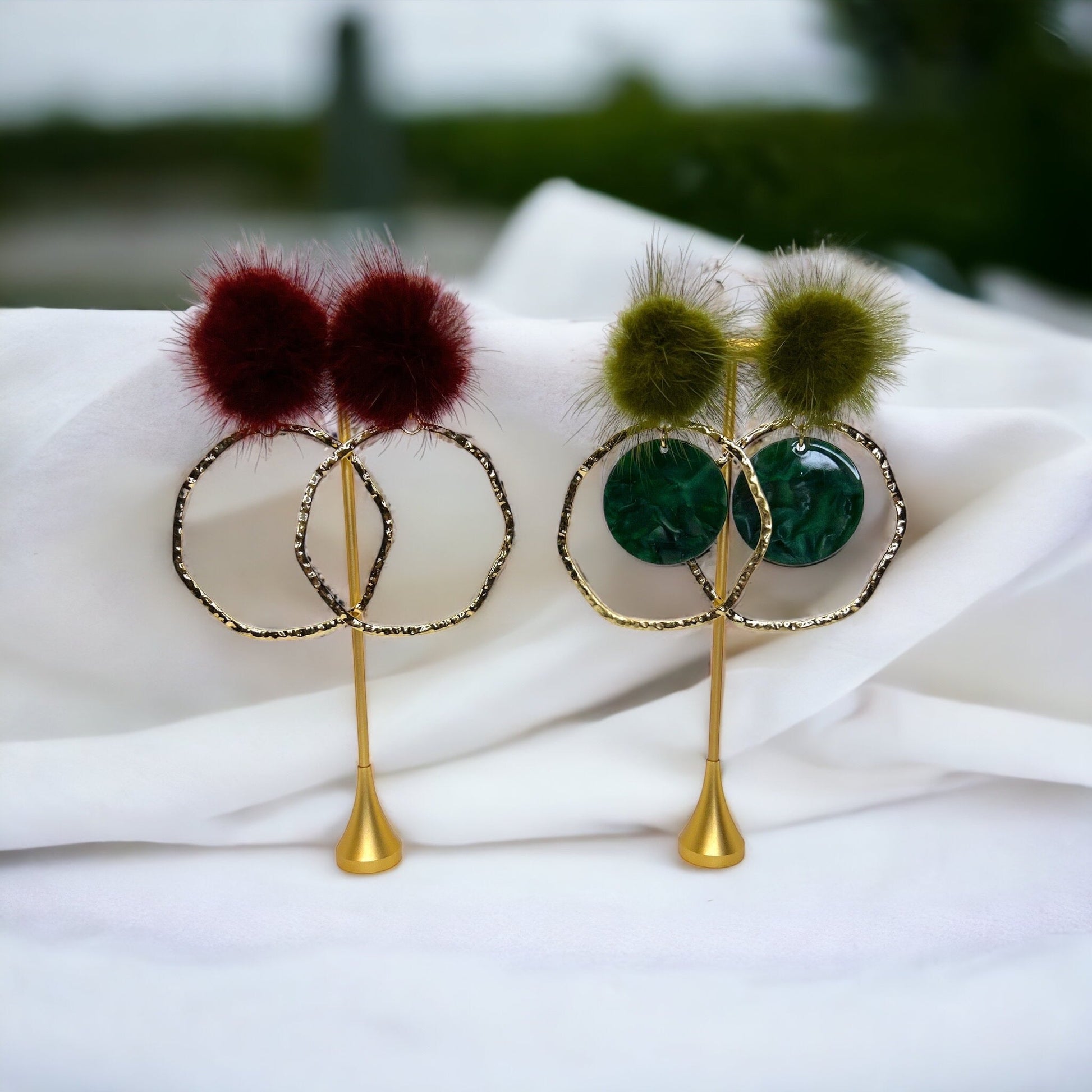 Pom Pom Earrings - Maroon Earrings,Green Earrings, Maroon Accessories, Green Jewelry, Gold Earrings, Gold Accessories, Gold Jewelry
