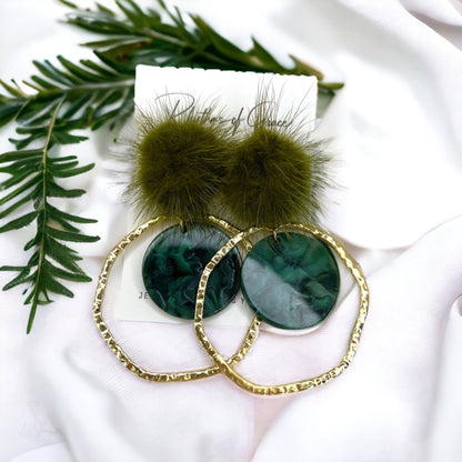 Pom Pom Earrings - Maroon Earrings,Green Earrings, Maroon Accessories, Green Jewelry, Gold Earrings, Gold Accessories, Gold Jewelry