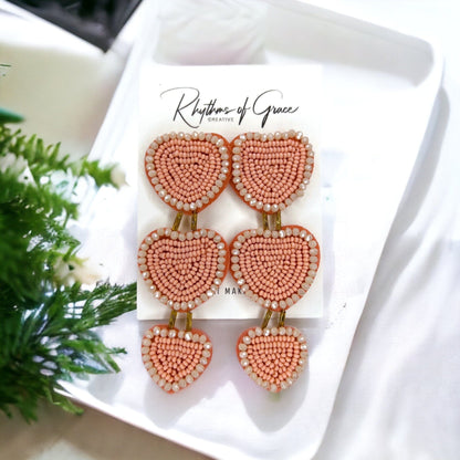 Beaded Heart Earrings - Boho Earrings, Bohemian Style, Kentucky Derby, Rose Earrings, Handmade Jewelry, Anniversary Gift
