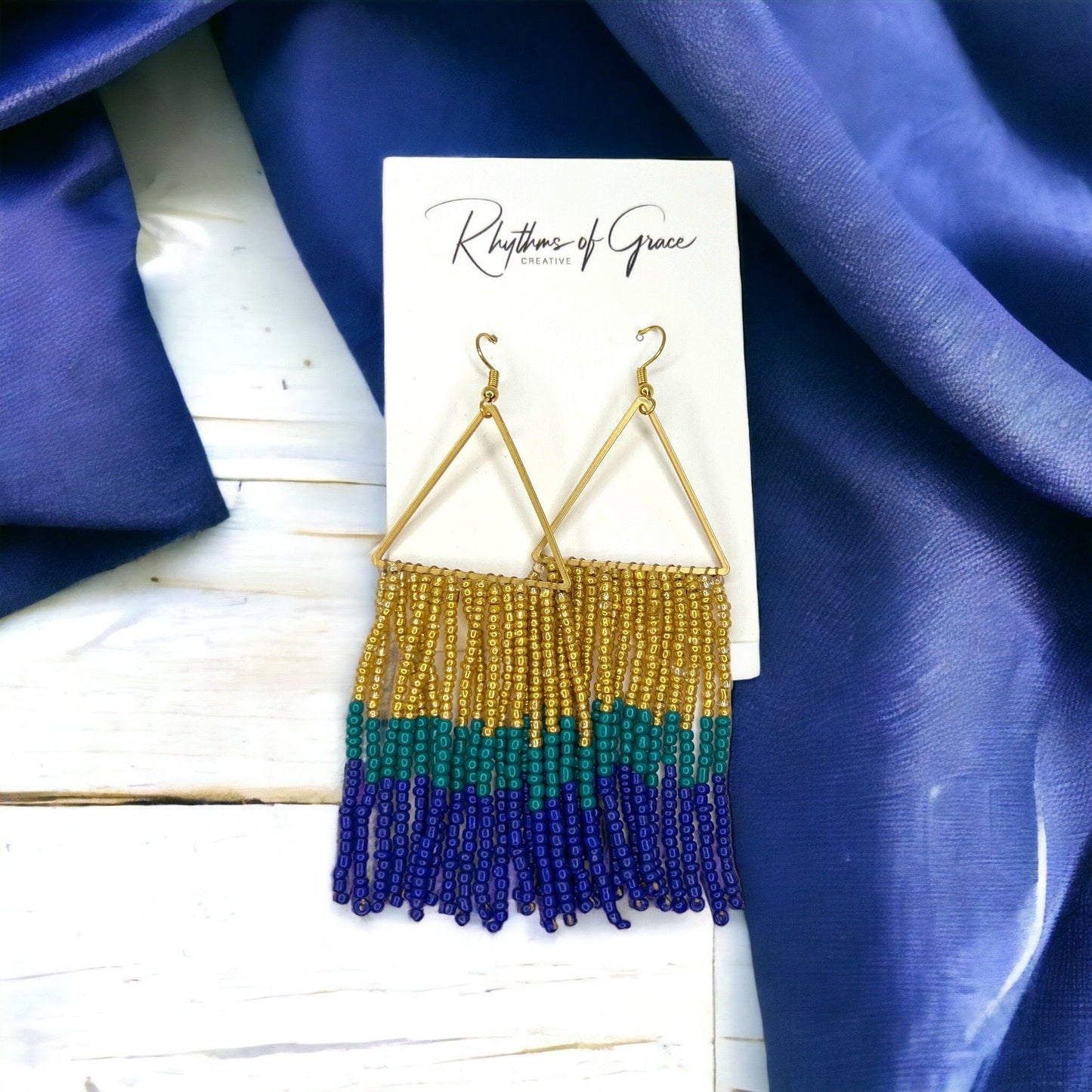 Boho Bliss: Dazzling Blue, Green & Gold Beaded Dangle Earrings - Rhythms of Grace Creative