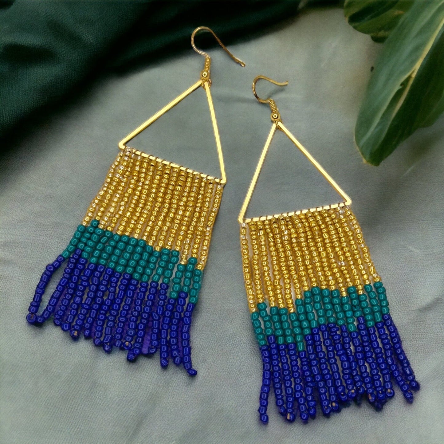 Boho Bliss: Dazzling Blue, Green & Gold Beaded Dangle Earrings - Rhythms of Grace Creative