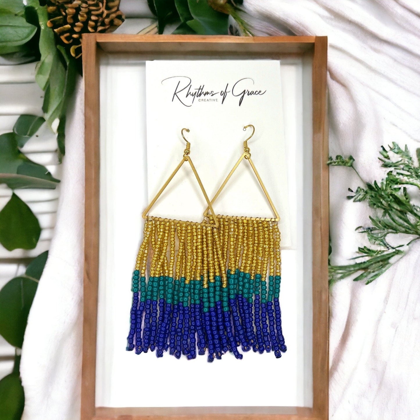 Boho Bliss: Dazzling Blue, Green & Gold Beaded Dangle Earrings - Rhythms of Grace Creative